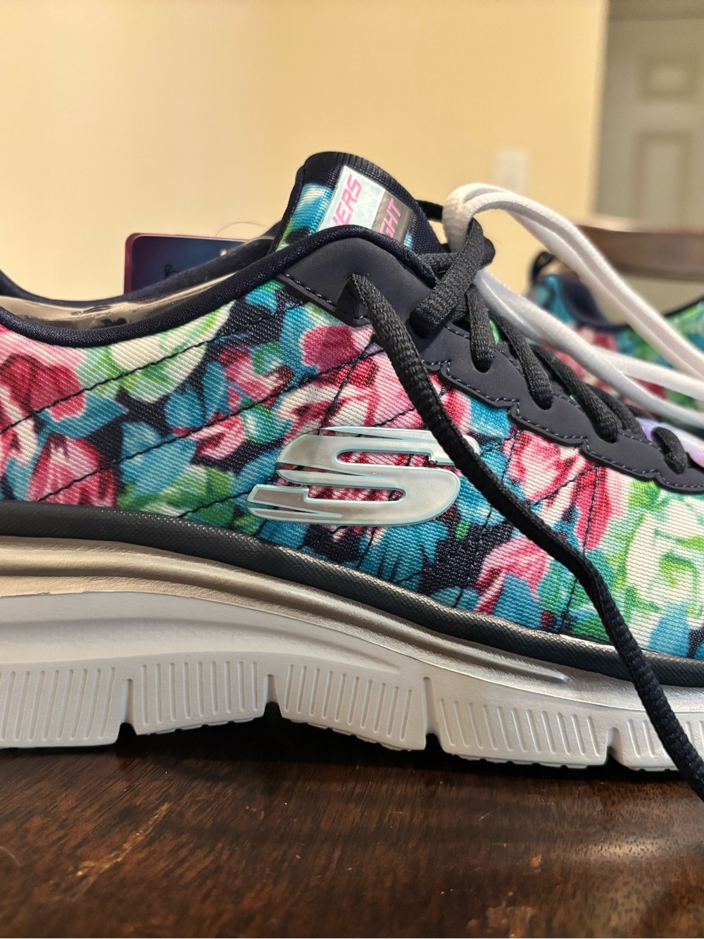 Skechers Navy Floral Lace-Up Sneakers with Blue & Green Accents - Picture 3 of 6